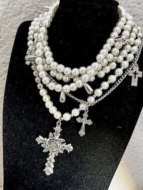 Layered Pearl Necklace Gothic Cross Pearl Stacked Necklace for Women